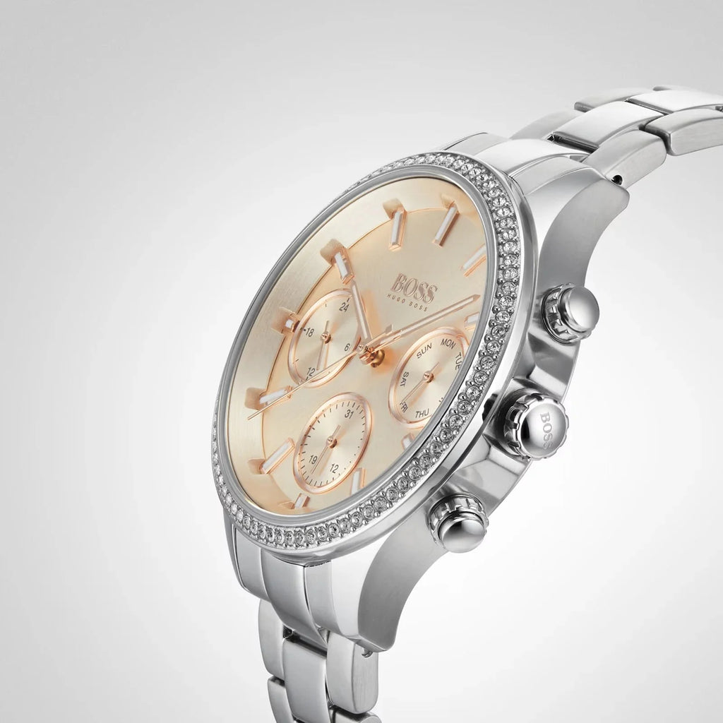 Hugo Boss Womens 1502565 Pandora Silver Tone Stainless Steel Watch With Rose Gold Dial
