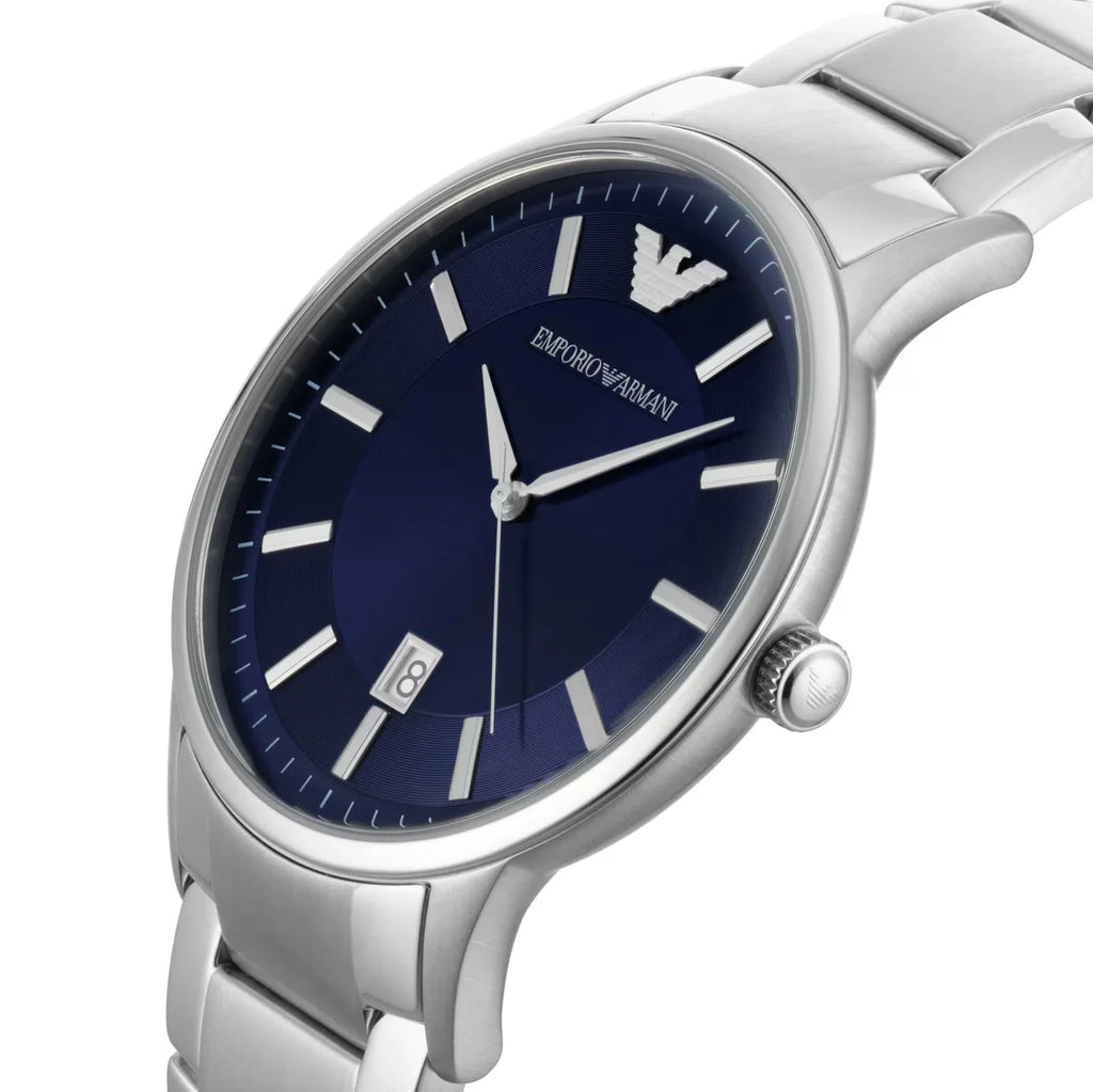 Emporio Armani Mens Ar11180 Silver Tone Stainless Steel Watch With Blue Dial
