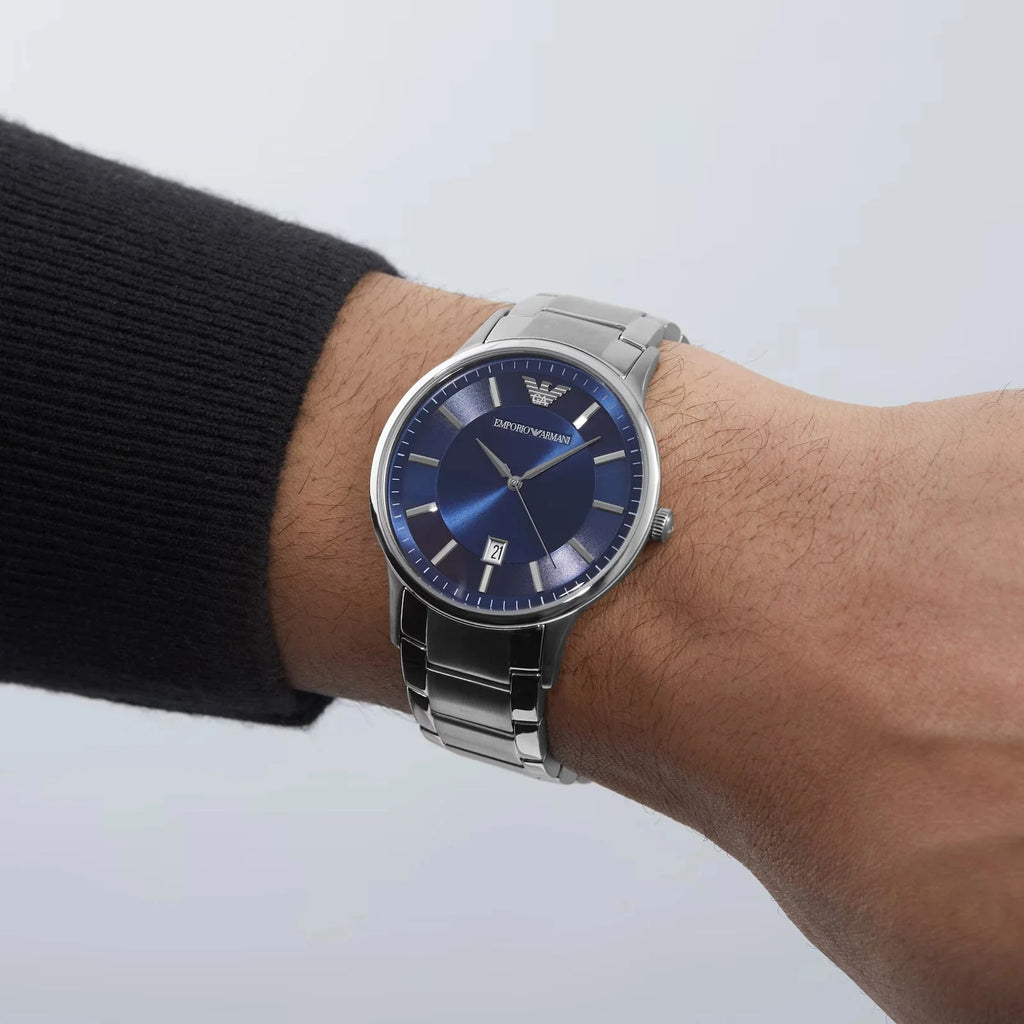 Emporio Armani Mens Ar11180 Silver Tone Stainless Steel Watch With Blue Dial