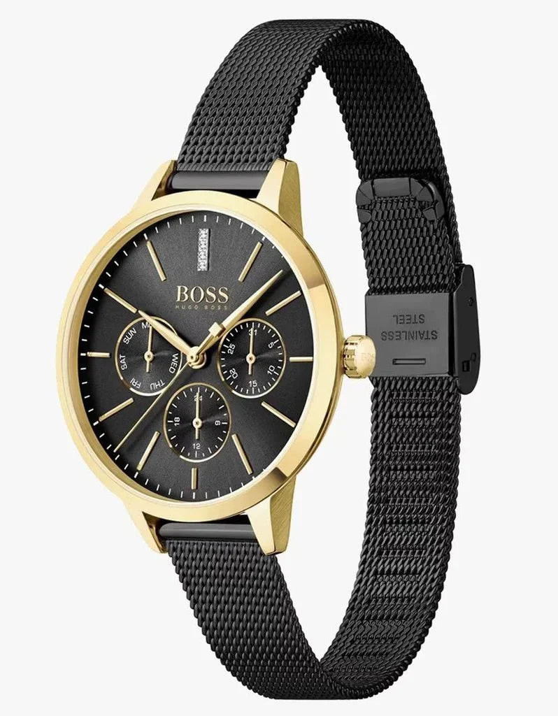 Hugo Boss Womens 1502601 Symphony Gold Tone And Black Mesh Bracelet Watch