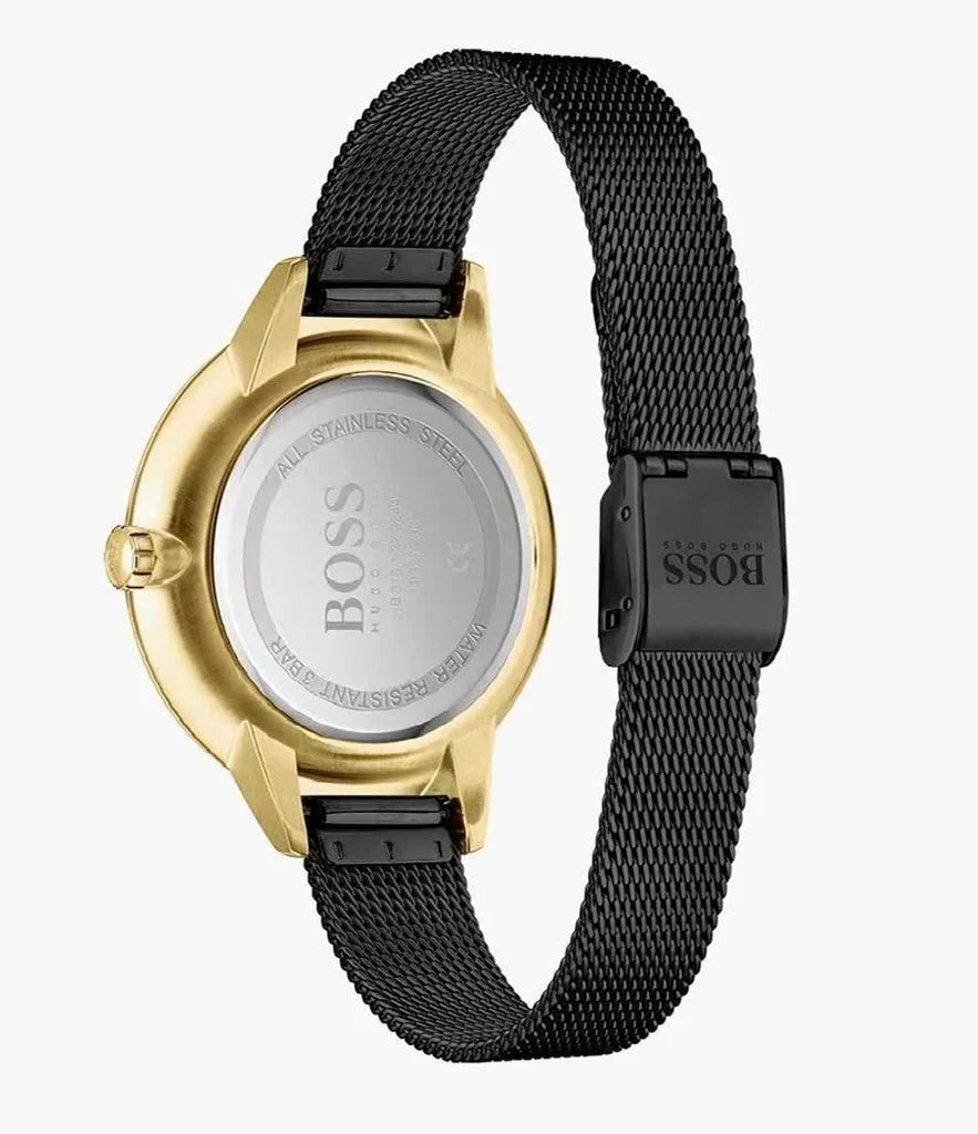 Hugo Boss Womens 1502601 Symphony Gold Tone And Black Mesh Bracelet Watch