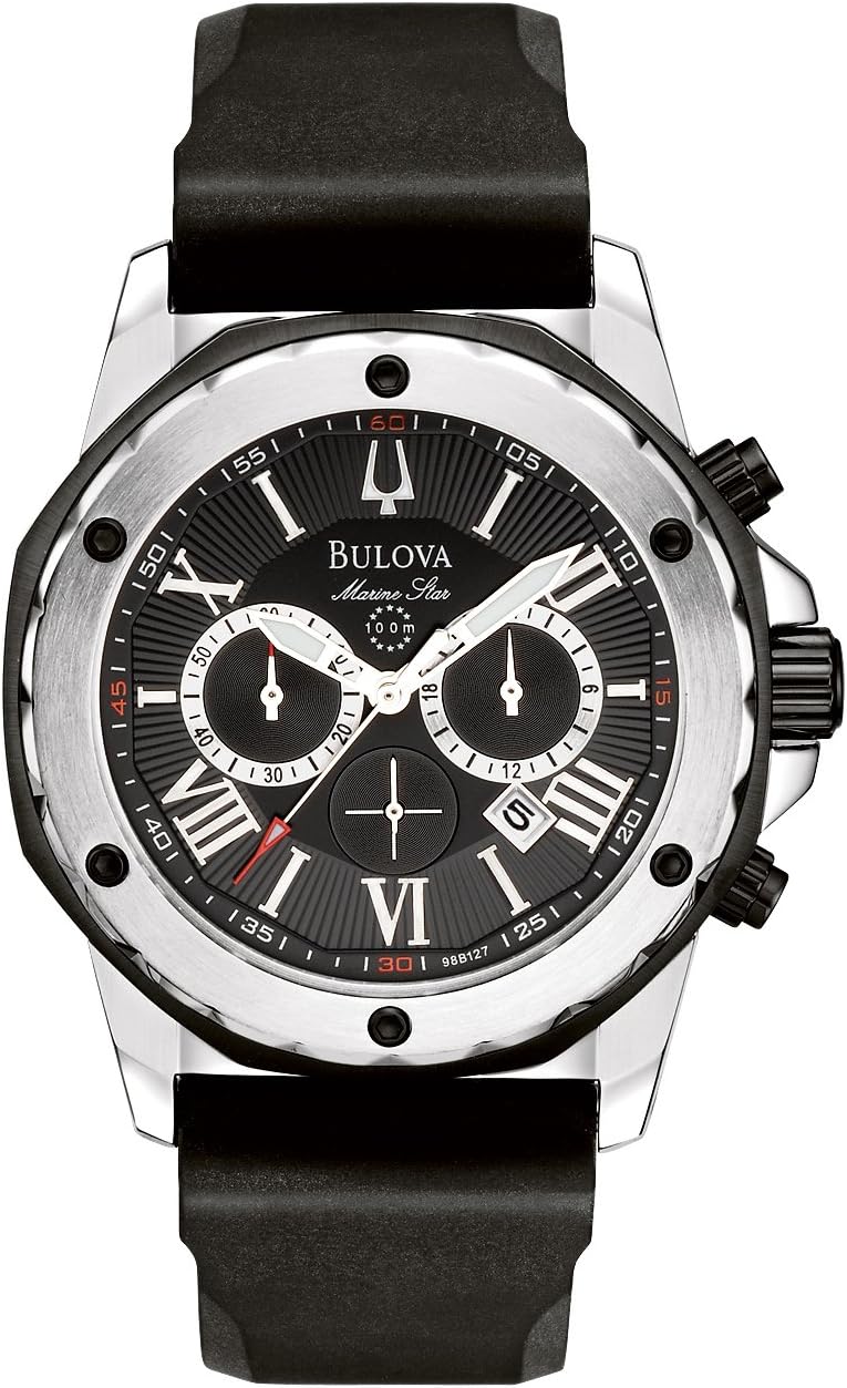 Bulova Marine Star Chronograph Black Dial Black Rubber Strap Watch For Men 98b127