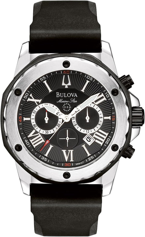 Bulova Marine Star Chronograph Black Dial Black Rubber Strap Watch For Men 98b127