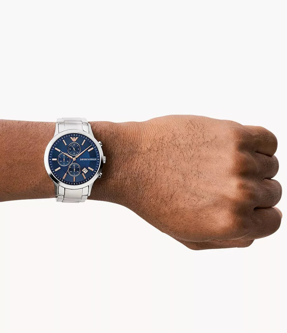Emporio Armani Mens Ar11458 Rose Gold Tone Stainless Steel And Blue Leather Watch