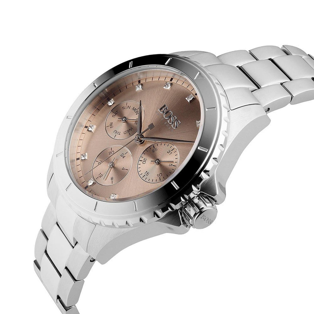 Hugo Boss Womens 1502444 Premiere Silver Tone Stainless Steel Watch With Rose Gold Di