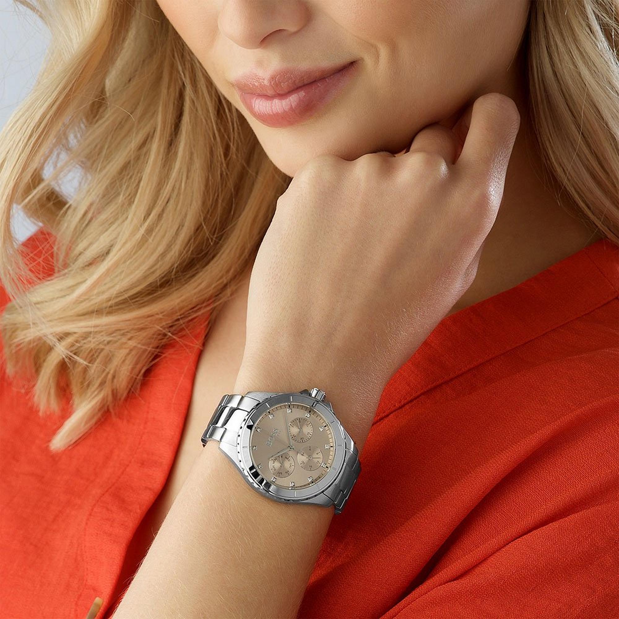 Hugo Boss Womens 1502444 Premiere Silver Tone Stainless Steel Watch With Rose Gold Di