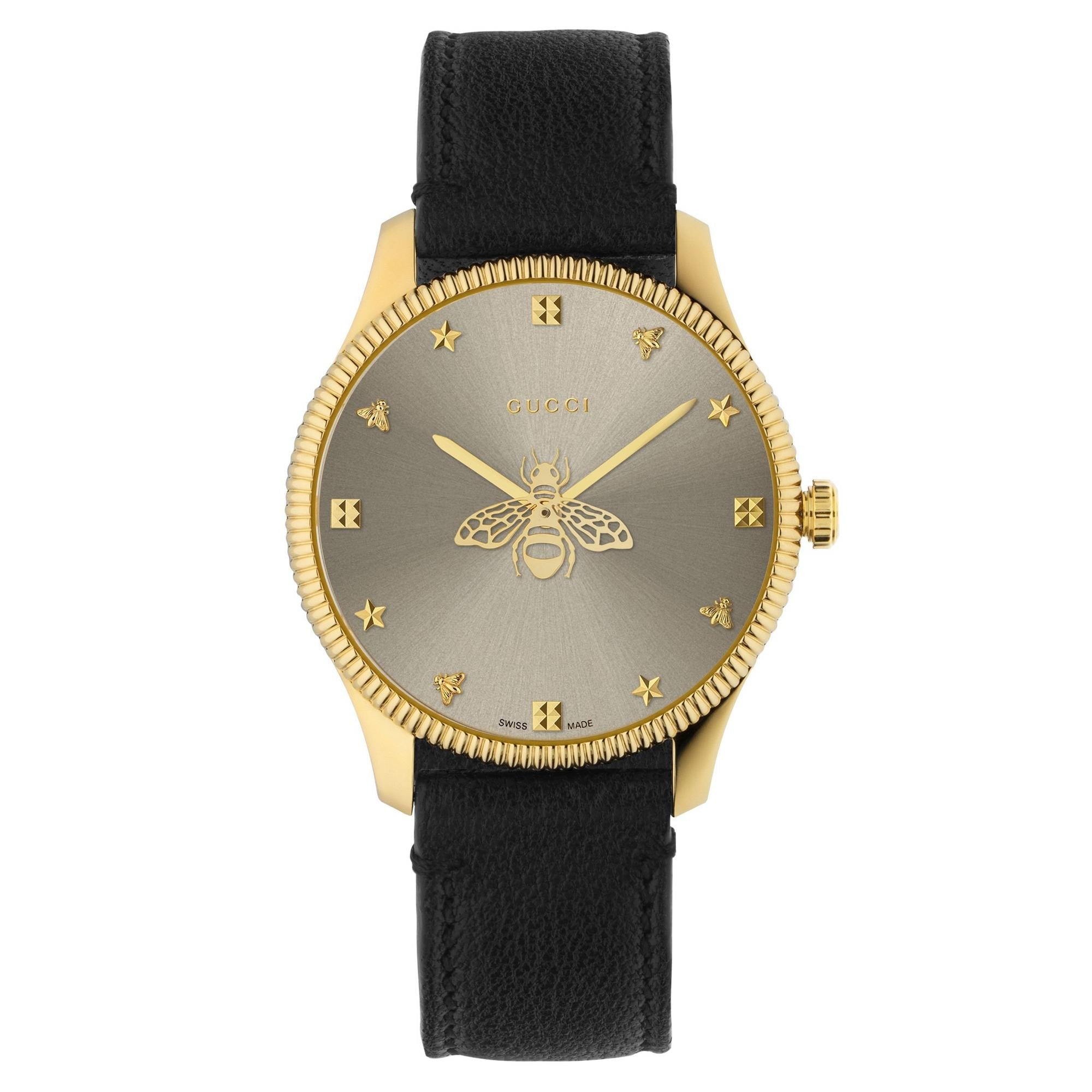 Gucci G Timeless Gold Tone Black Leather Quartz Watch Ya1264181