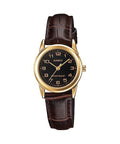 Casio Women's Analogue Black Dial Gold Case Brown Leather Strap Watch - LTP-V001GL-1BUDF