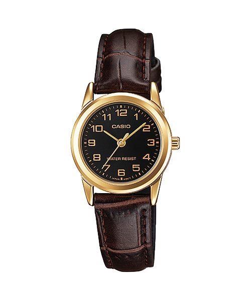 Casio Women's Analogue Black Dial Gold Case Brown Leather Strap Watch - LTP-V001GL-1BUDF