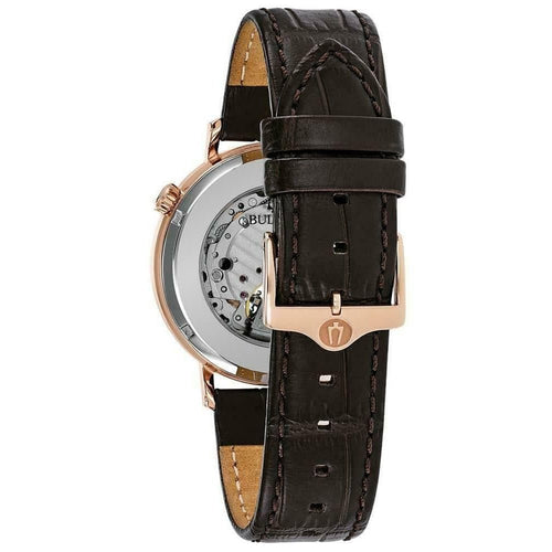 Bulova Classic Skeleton Auto Mens Brown Watch 97a133