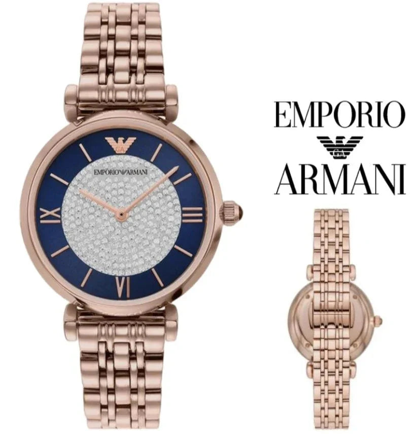Emporio Armani Gianni T Bar Quartz Crystals Black Dial Gold Steel Strap Watch For Women Ar11423