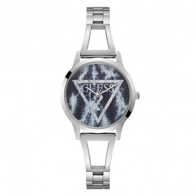 Guess Watches Guess Ladies Silver Blue Acid Denim Logo Dial Watch W1145l1