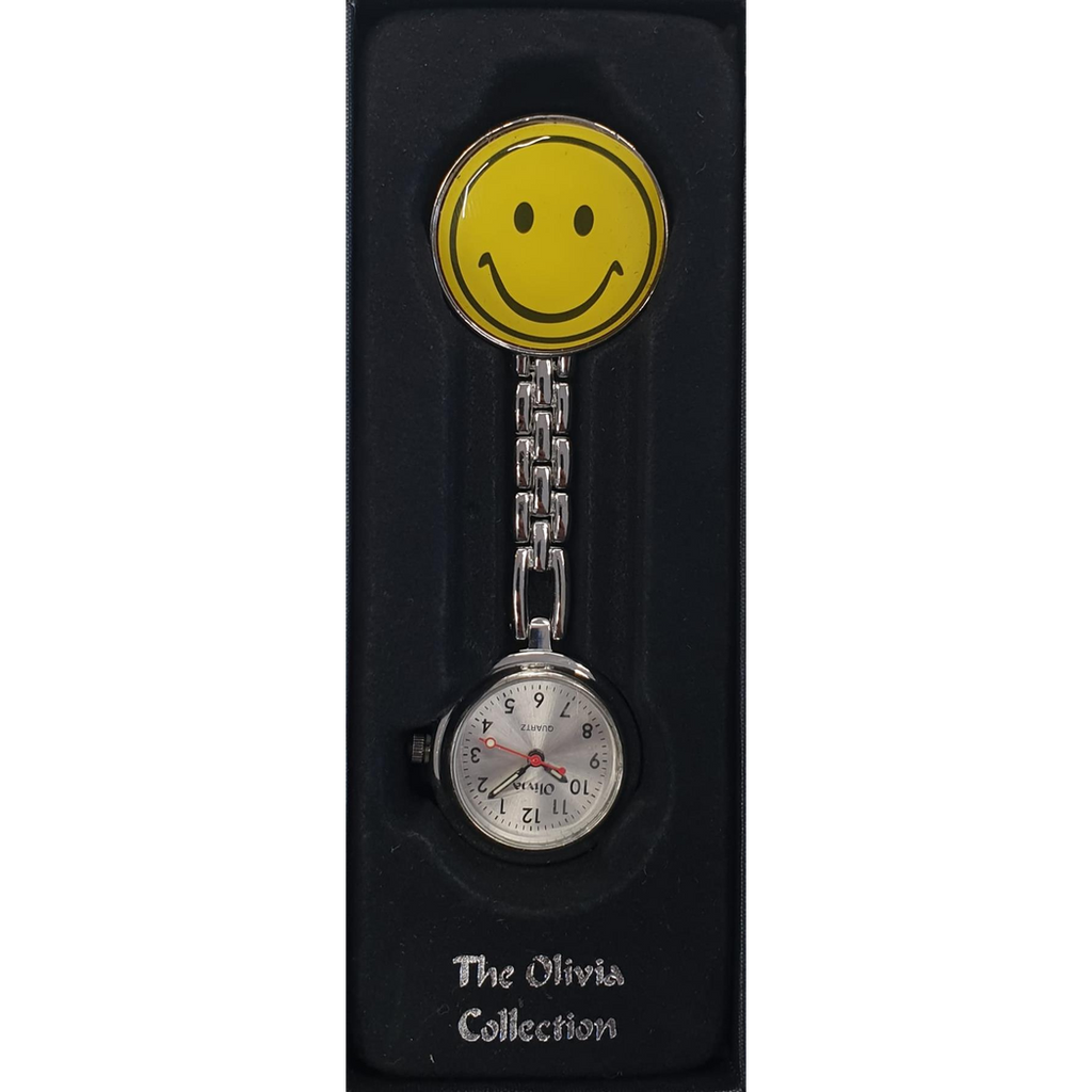 The Olivia Silver Metal Nurses Clip-On FOB Watch With Yellow Smiley Face TOC56