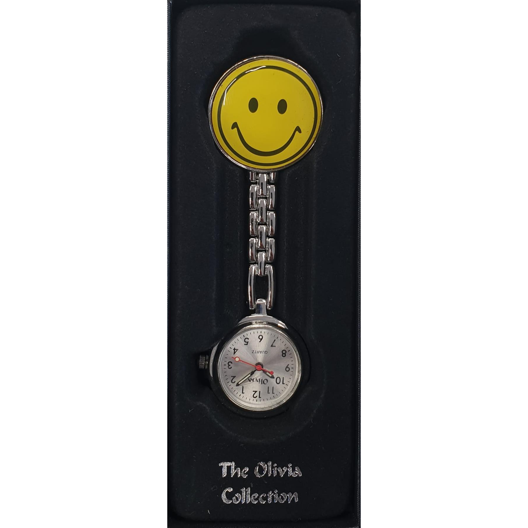 The Olivia Silver Metal Nurses Clip-On FOB Watch With Yellow Smiley Face TOC56