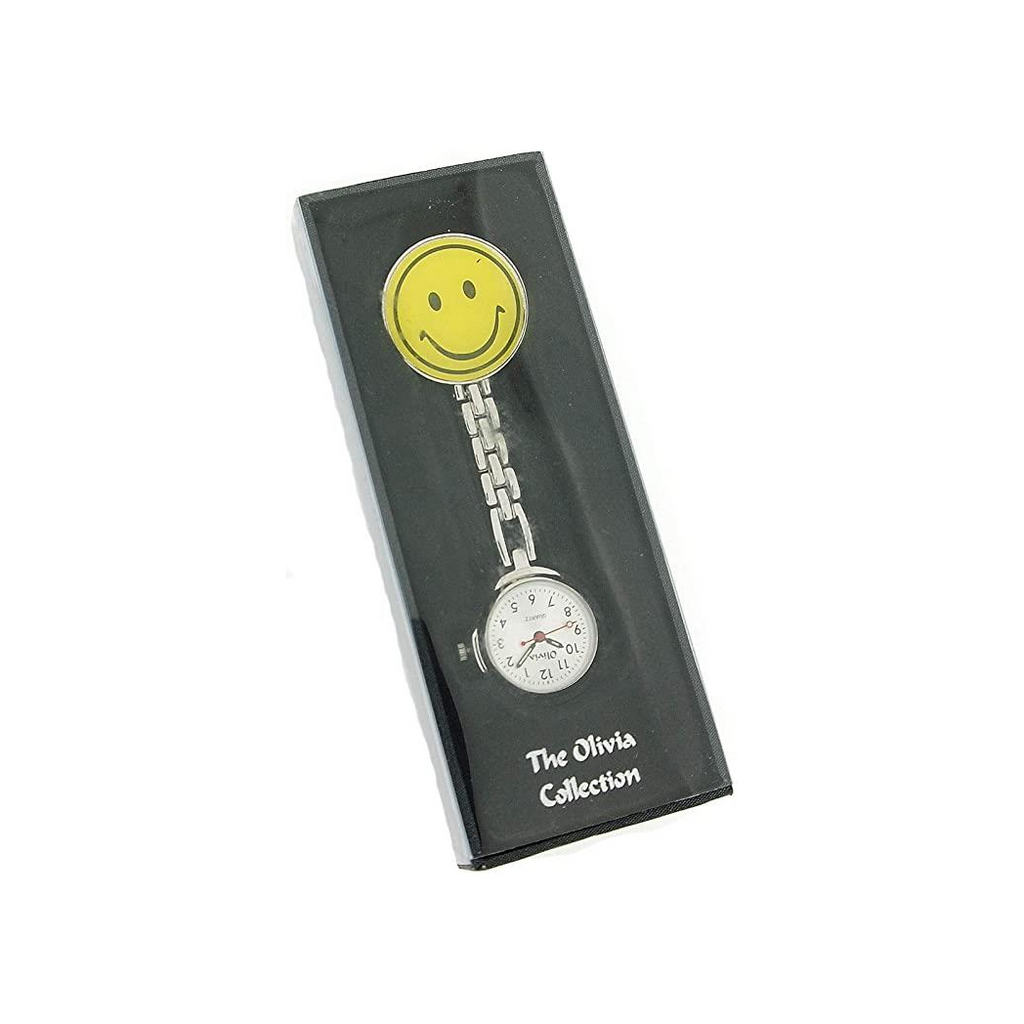 The Olivia Silver Metal Nurses Clip-On FOB Watch With Yellow Smiley Face TOC56