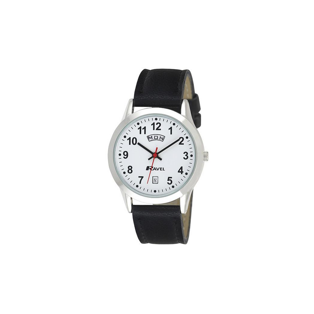 Ravel Mens Stainless Steel Day/Date  Faux Leather Strap Watch + Ravel Womens Stainless Steel Day/Date Faux Leather Strap Watch R0706.20.1+R0706.20.2